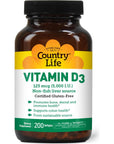 Country Life, Vitamin D3 5000 IU, Supports Healthy Bones, Teeth and Immune System, Daily Supplement, 200 ct