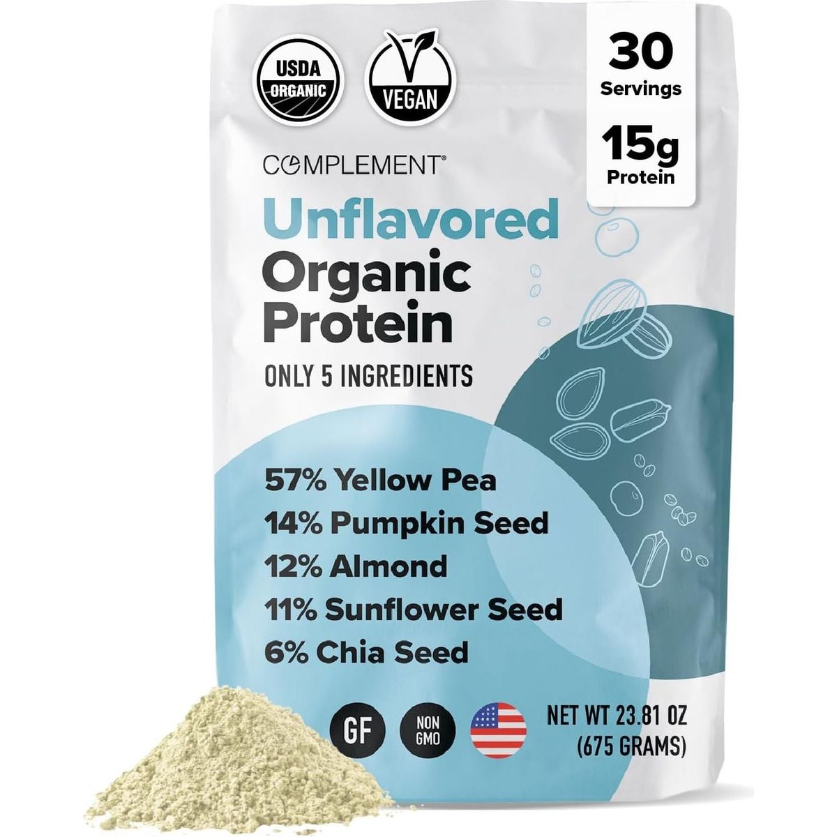 Complement Organic Unflavored Vegan Protein Powder 30 Servings, Pumpkin Seed- 15g