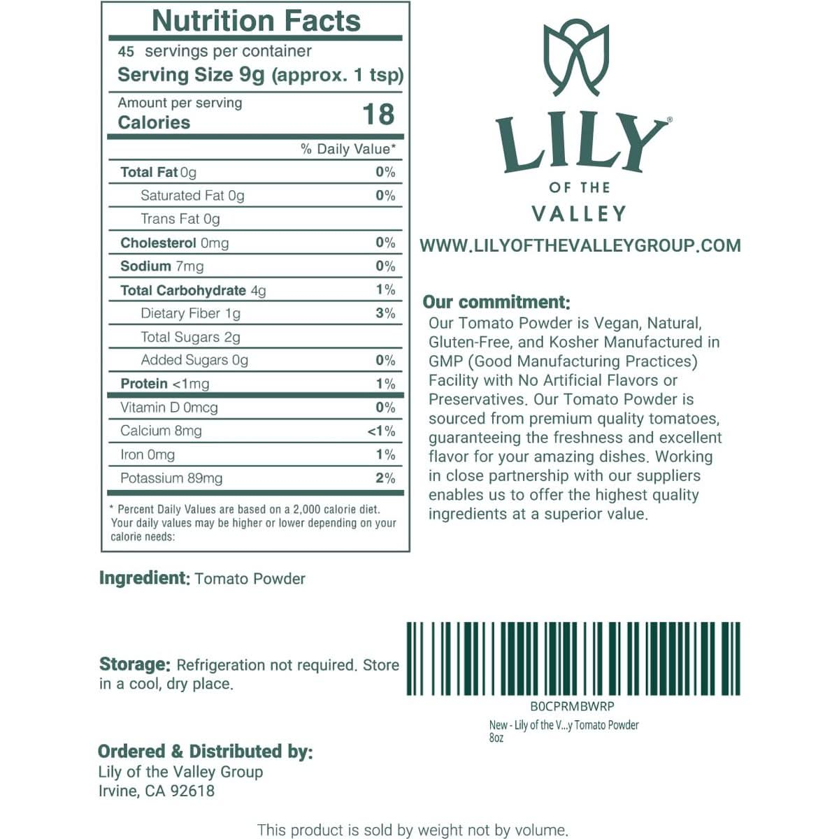 Lily of the Valley Tomato Powder  Solanum Lycopersicum  Ideal for Cooking  Vegan  GlutenFree  Packed in Resealable Pouch 8oz 226g Package May Vary