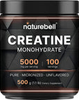 NatureBell Creatine Monohydrate Powder 500 Grams, 5000mg Per Serving, Pure Unflavored Creatine Powder - Micronized - Pre Workout | Keto | Vegan | Dissolves Easy | Filler Free - 100 Servings (1.1Lb)