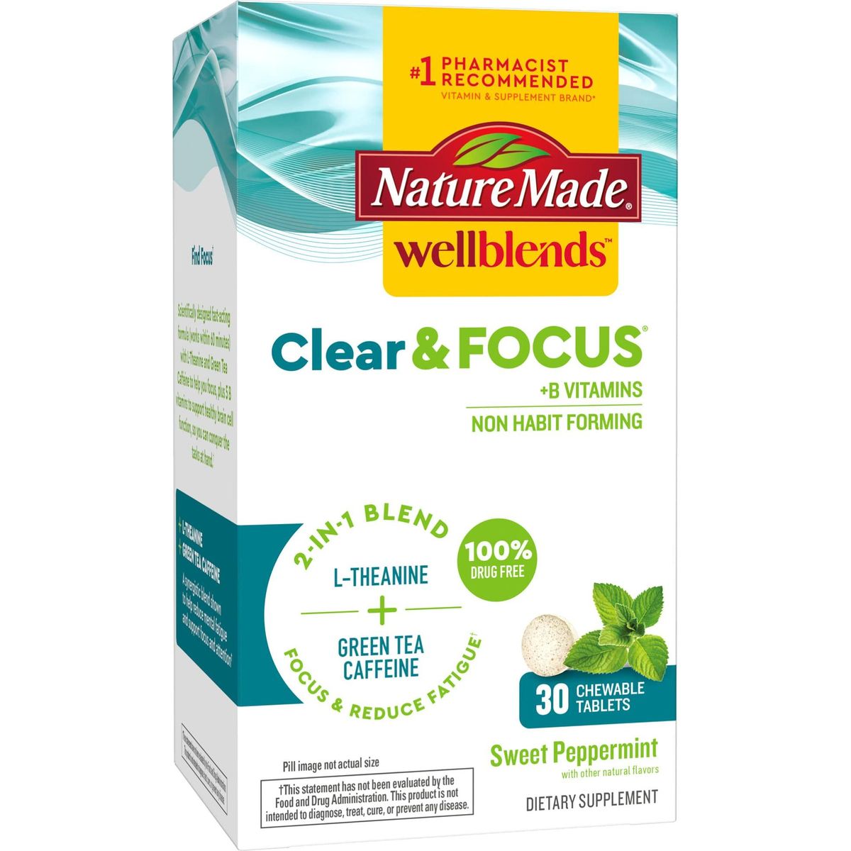 Nature Made Wellblends Clear &amp; Focus, L-theanine, Green Tea Caffeine, 5 B vitamins, Fast-Acting Formula, 30 Chewable Tablets, Peppermint flavor