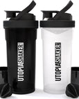 Utopia Home 2-Pack Shaker Bottle - 24 Ounce Protein Shaker Plastic Bottle for Pre & Post workout with Twist and Lock Protein Box Storage(All Black & Clear/Black)