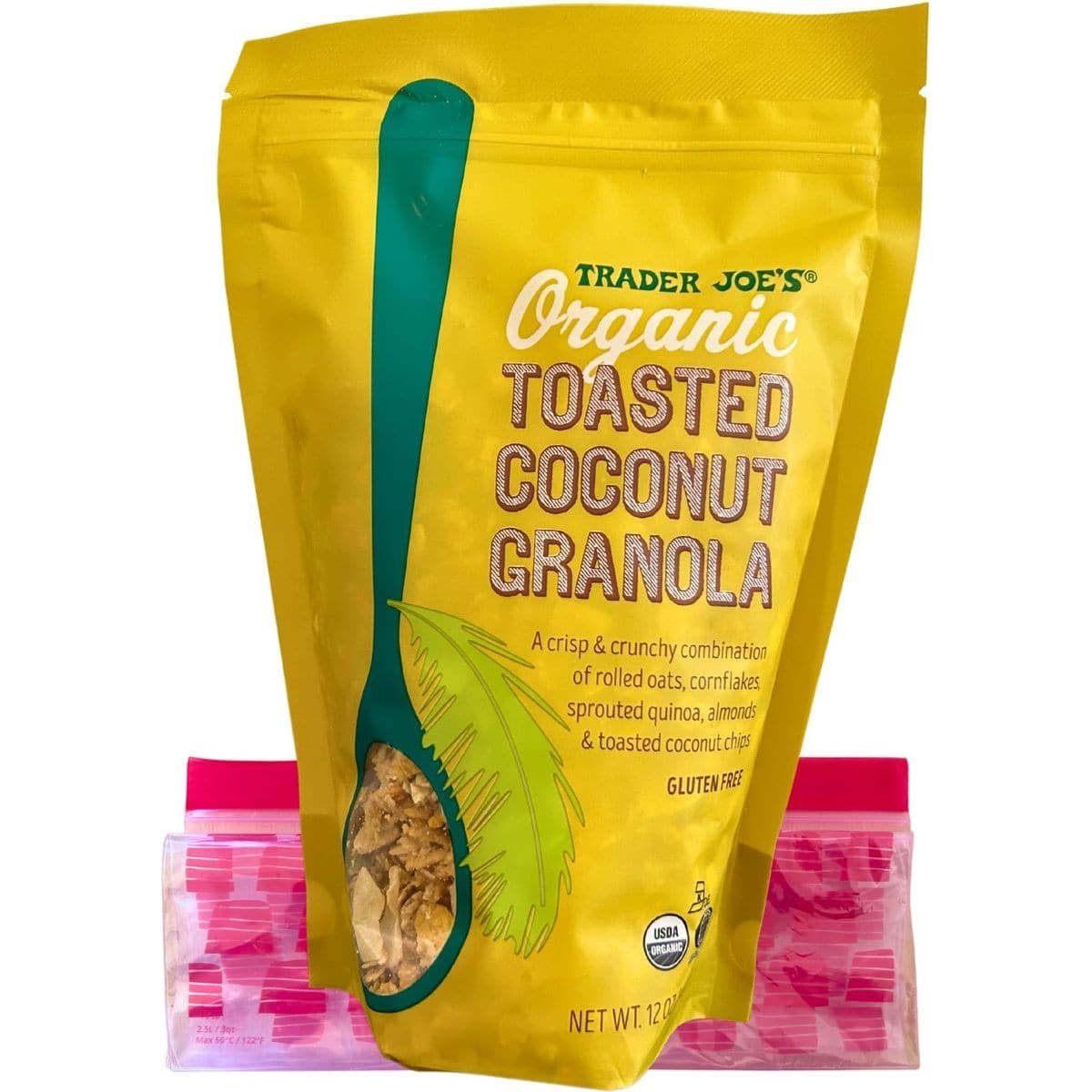 Trader Joes Organic Toasted Coconut Granola Bundle with 1 Trader Joes Organic Coconut Granola Gluten Free 12oz 340g 1 3qt 25L Reusable Food Storage On The Go Snack Bag and Perdy Good Box