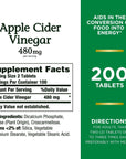 Nature's Bounty Apple Cider Vinegar 480mg Pills, Vegetarian Supplement Plant Based, 200 Tablets