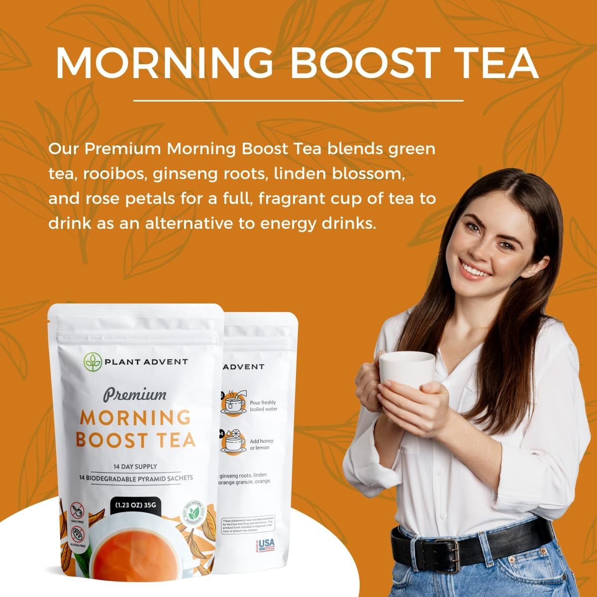 Plant Advent Premium Morning Boost Tea  14Day Tea That Blends Green Tea Rooibos Ginseng Roots Linden Blossom and Rose Petals for a Full Fragrant Cup of Tea to Drink as an Alternative to Energy Drinks