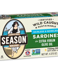 Season Sardines in Extra Virgin Olive Oil  Skinless  Boneless Wild Caught 22g of Protein Keto Snacks More Omega 3s Than Tuna Kosher High in Calcium Canned Sardines  437 Oz Tins 12Pack