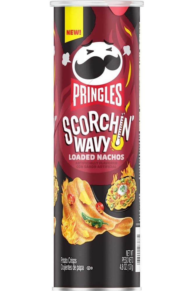 Pringles Scorchin&#39; Wavy Potato Crisps Chips, Lunch Snacks, Spicy Snacks, Loaded Nachos, 4.8oz Can (1 Can)