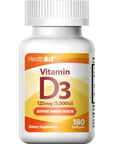 HealthA2Z Vitamin D3 5000 IU | 125 mcg |180 Softgels | Easy to Swallow | Gluten Free | Dietary Supplement | Made with Olive Oil - Supports Strong Bones, & Immunity Health