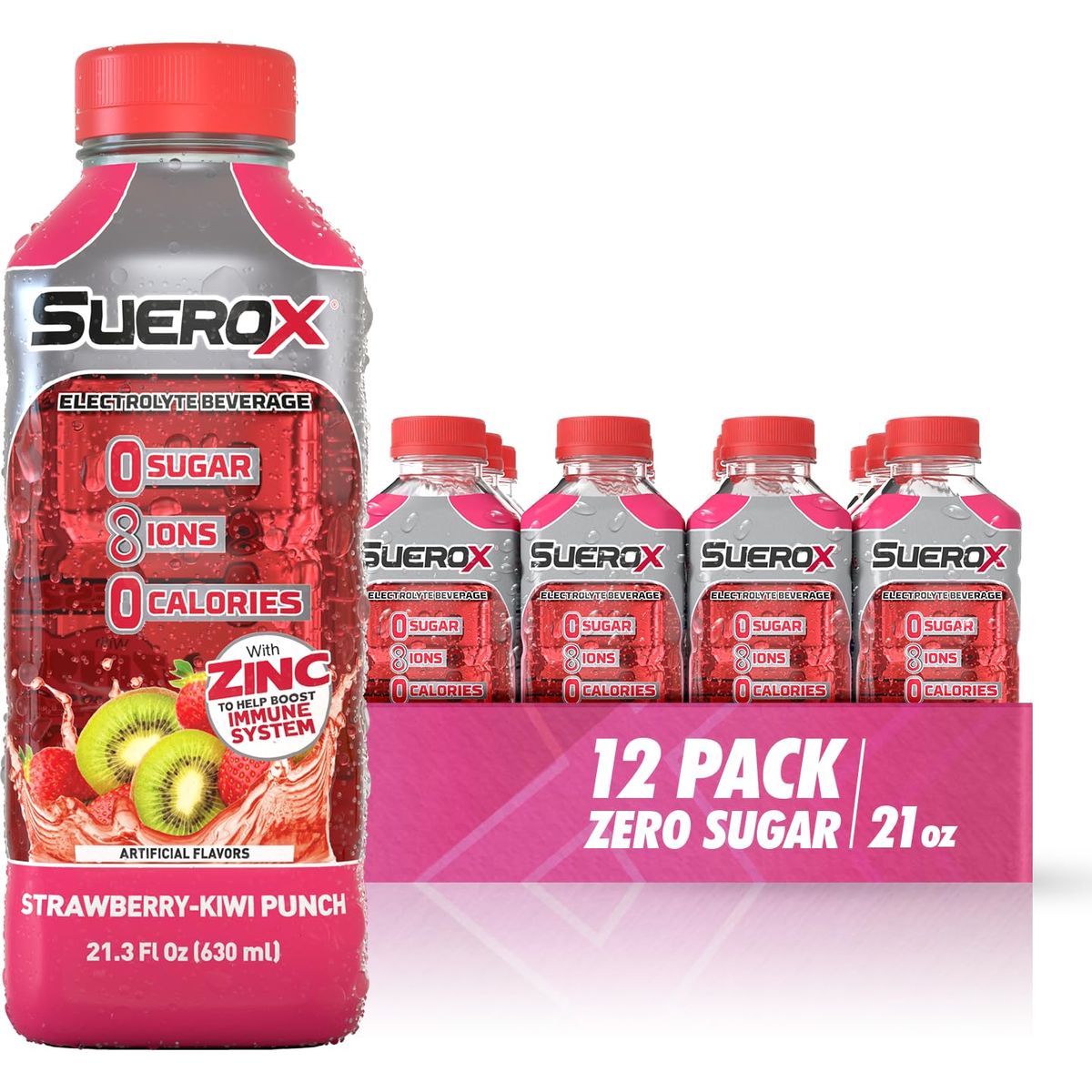 SueroX Zero Sugar Electrolyte Drink for Hydration and Recovery Unique Blend of Electrolytes  8 Ions Zero Calorie Sports Drink 213 Fl Oz StrawberryKiwi Punch 12 Count