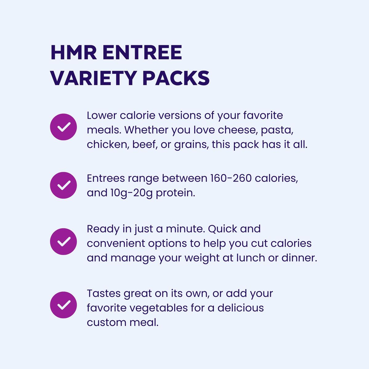 HMR Customer Favorites Entrée Pack  Prepackaged Lunch or Dinner  Pack of 6 Ready to Eat Meals  1220 grams of Protein per Entrée  Low Calorie Food  78oz Servings per Meal