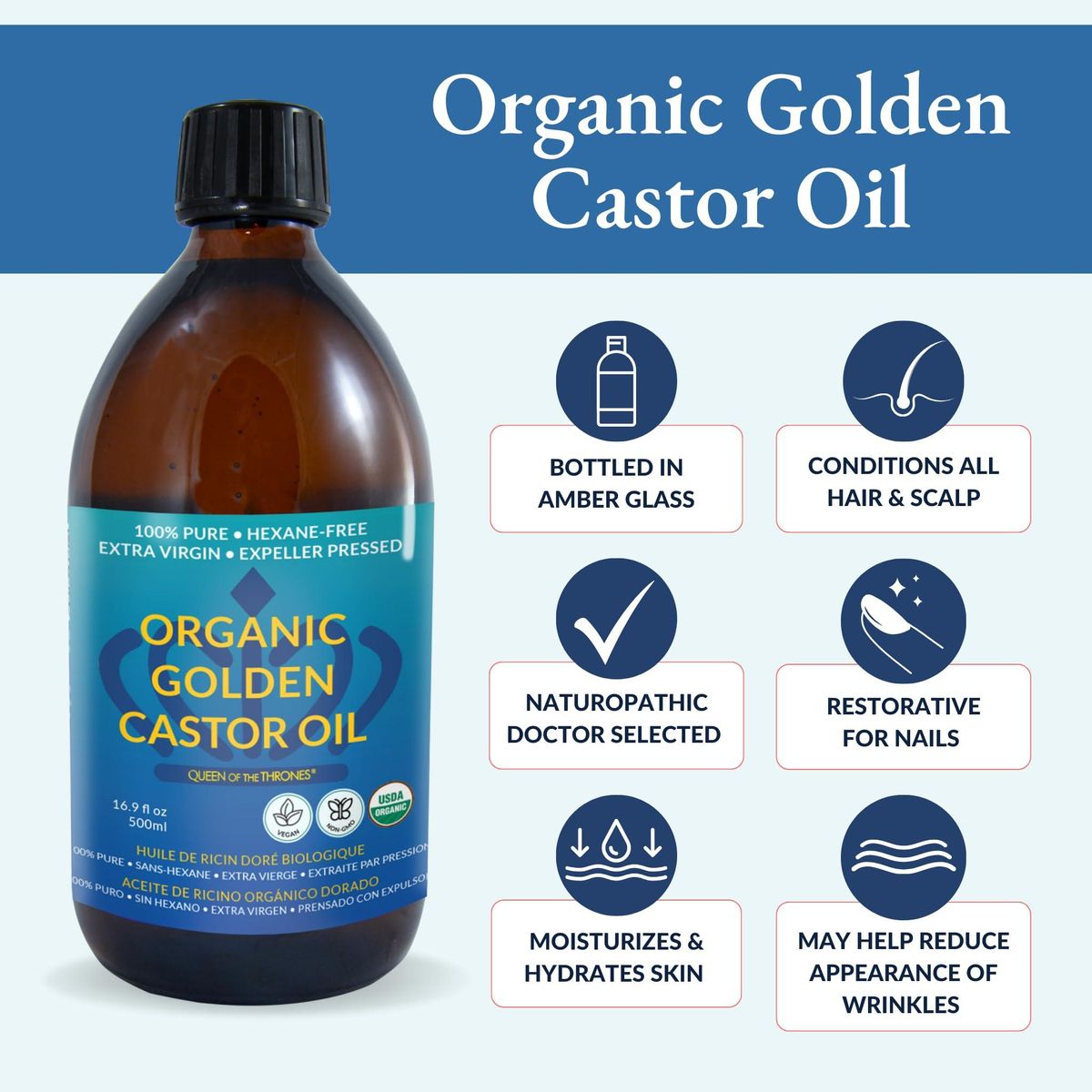 QUEEN OF THE THRONES Organic Golden Castor Oil - 500mL (16.9oz) | 100% Pure &amp; Expeller Pressed for Hair, Skin &amp; Digestion | Hexane Free | USDA Certified