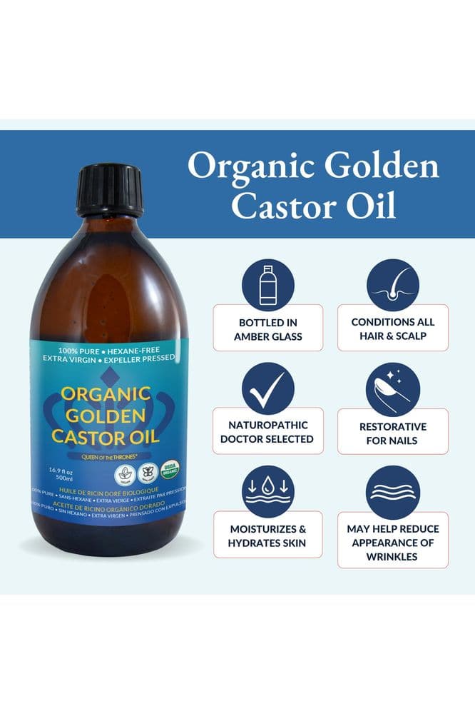 QUEEN OF THE THRONES Organic Golden Castor Oil - 500mL (16.9oz) | 100% Pure &amp; Expeller Pressed for Hair, Skin &amp; Digestion | Hexane Free | USDA Certified