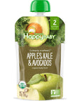 Happy Baby Organics Stage 2 Baby Food Pouches, Gluten Free, Vegan & Healthy Snack, Clearly Crafted Fruit & Veggie Puree, Apples, Kale & Avocados, 4 Ounces (Pack of 16)