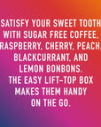 Swiss Imports Sugar Free Bonbons Hard Candy Drops Trial Pack of Cherry Coffee Lemon Peach Blackcurrant and Raspberry 2 14 oz 40g Box and 12 Individually Wrapped Pieces