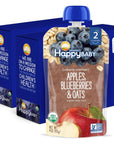 Happy Baby Organics Stage 2 Baby Food Pouches, Gluten Free, Vegan & Healthy Snack, Clearly Crafted Oat & Fruit Puree, Apples, Blueberries & Oats, 4 Ounces (Pack of 16)