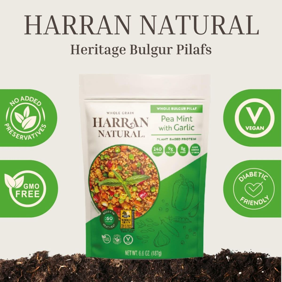 Harran Natural Whole Grain Bulgur Pilaf Instant Meal Pea Mint with Garlic Vegan PlantBased Protein GMOFree Easy Microwave or Stove Top Meal Ready in 60 Seconds  66 Oz Packet