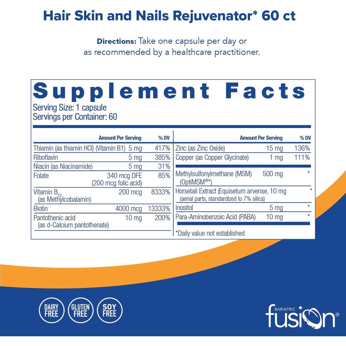 Bariatric Fusion ONE Per Day Bariatric Hair, Skin &amp; Nails REJUVENATOR | Includes Biotin, B12, and B1 | 60 Count