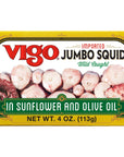 Vigo Premium Imported Canned Seafood Jumbo Squid in Sunflower  Olive Oil Specialty Flavored Perfect for Recipes and Dishes Jumbo Squid in Sunflower  Olive Oil 4 Ounce Pack of 10