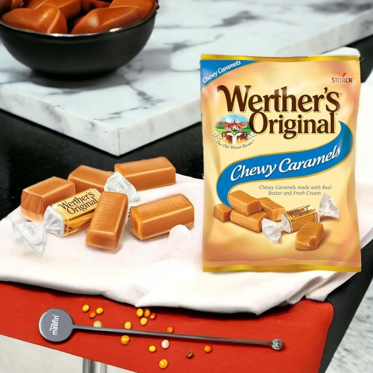 Werthers Original Chewy Caramels Soft Caramel Candy 24 Oz with Moofin Silver SS Coffee Stirrer  Indulge in Rich Creamy Delight Real Butter  Fresh Cream Old Recipe Caramel Candy Pack of 4