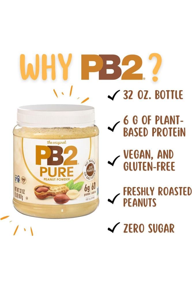 PB2 Pure Peanut Butter Powder - [2 lb/32 oz Jar] - No Added Sugar, No Added Salt, No Added Preservatives - 100% All Natural Roasted Peanuts - 6g of Plant-Based Protein