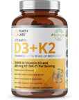 Purity Labs Vitamin D3 K2 10000 IU, (250mcg) D3 + 200mcg K2 MK7 - Immune Support Supplement Enhanced with Bioperine - Vegan Supplements for Daily Defense, Bone, Muscle & Skin Health - 120 Capsules