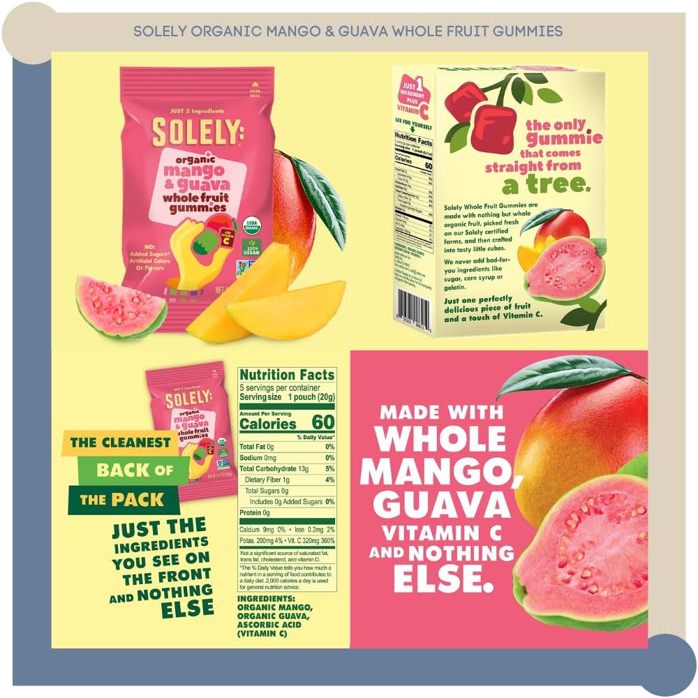 Solely Fruit Gummies Variety Pack of 3 Bundle  1 of each flavor Organic Mango Mango and Orange Mango and Guava 105 oz total No Added Sugar Vegan Organic Whole Dried Fruit Snacks