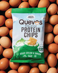 Quevos Protein Chips - The Original Low Carb Protein Chips made with Egg Whites, Crunchy Flavorful Protein & High Fiber Snacks, Keto Friendly, Diabetic & Atkins Friendly, Gluten Free, Low Carb Chips - Sour Cream and Onion, 1 Oz (Pack of 12)