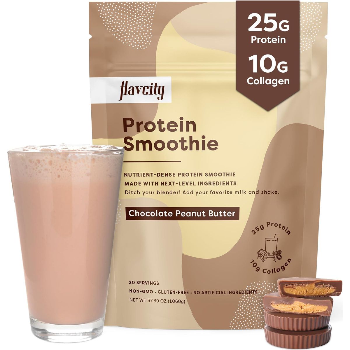 FlavCity Protein Powder Smoothie, Chocolate Peanut Butter - 100% Grass-Fed Whey Protein Smoothie with Collagen (25g of Protein) - Gluten Free &amp; No Added Sugars (37.39 oz)