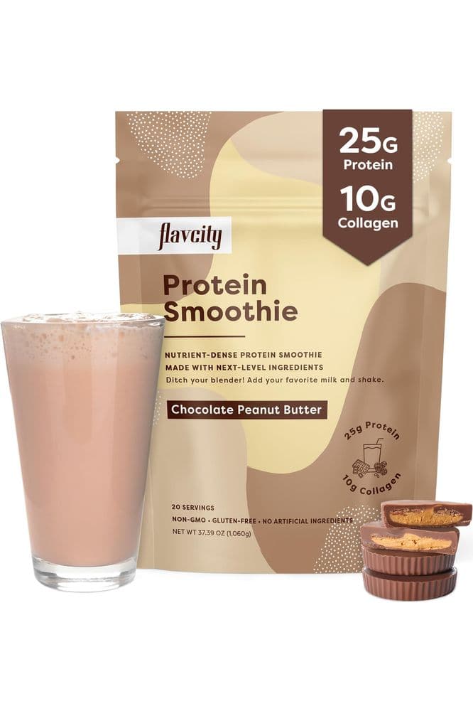 FlavCity Protein Powder Smoothie, Chocolate Peanut Butter - 100% Grass-Fed Whey Protein Smoothie with Collagen (25g of Protein) - Gluten Free &amp; No Added Sugars (37.39 oz)