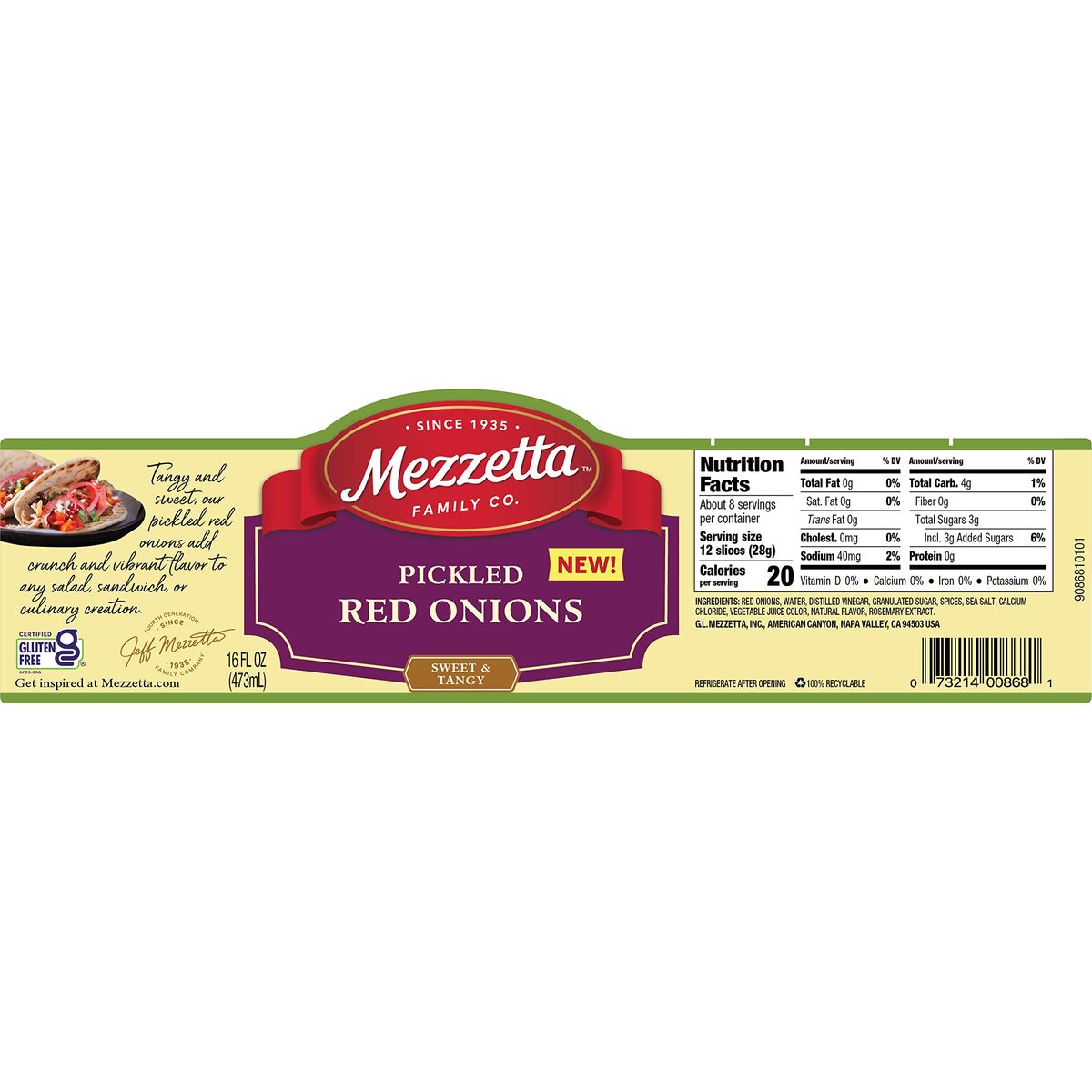 Mezzetta Pickled Red Onions  Gluten Free  16 Fluid Ounce Jar Pack of 6