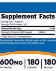 Nutricost N-Acetyl L-Cysteine (NAC) 600mg, 180 Capsules - Non-GMO, Gluten Free