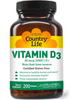 Country Life Vitamin D3, Non-Fish 1000 IU, 200 Softgels, Certified Gluten Free