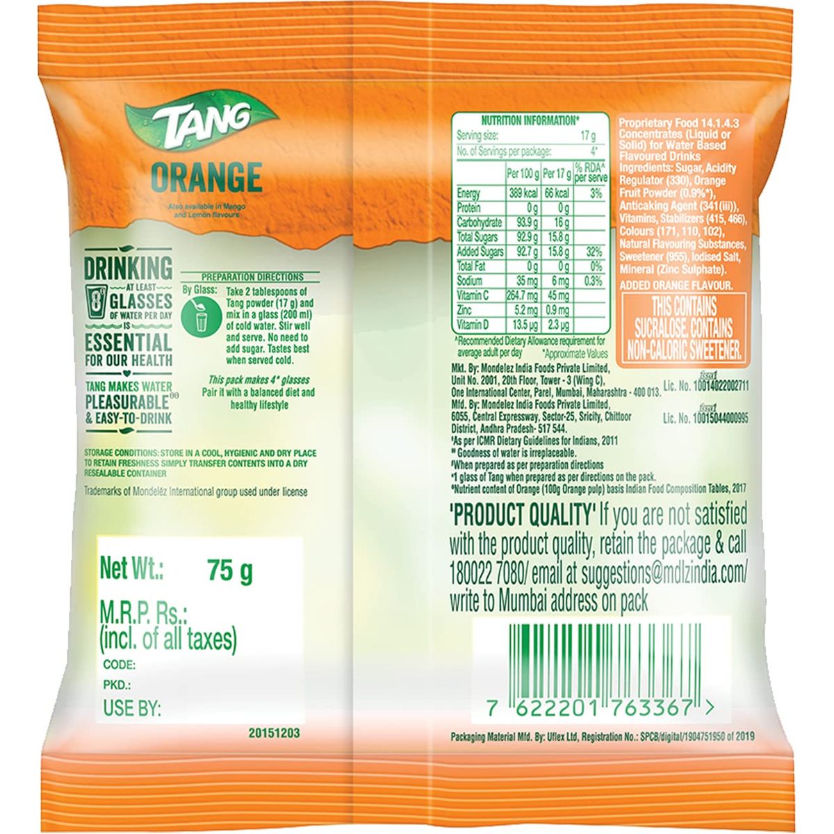 Tang Orange Instant Drink Mix 100 gm Pack  India