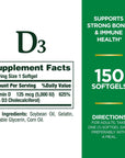 Nature's Bounty Vitamin D3, Immune and Bone Support, 5000IU, Rapid Release Softgels, 150 Ct