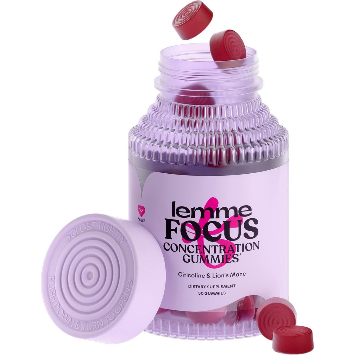 Lemme Focus Concentration &amp; Brain Health Gummies with Cognizin Citicoline, Lion&#39;s Mane Mushroom, Vitamin B12 to Support Focus + Concentration - Vegan, Gluten Free, Caffeine Free, Strawberry (50 Count)