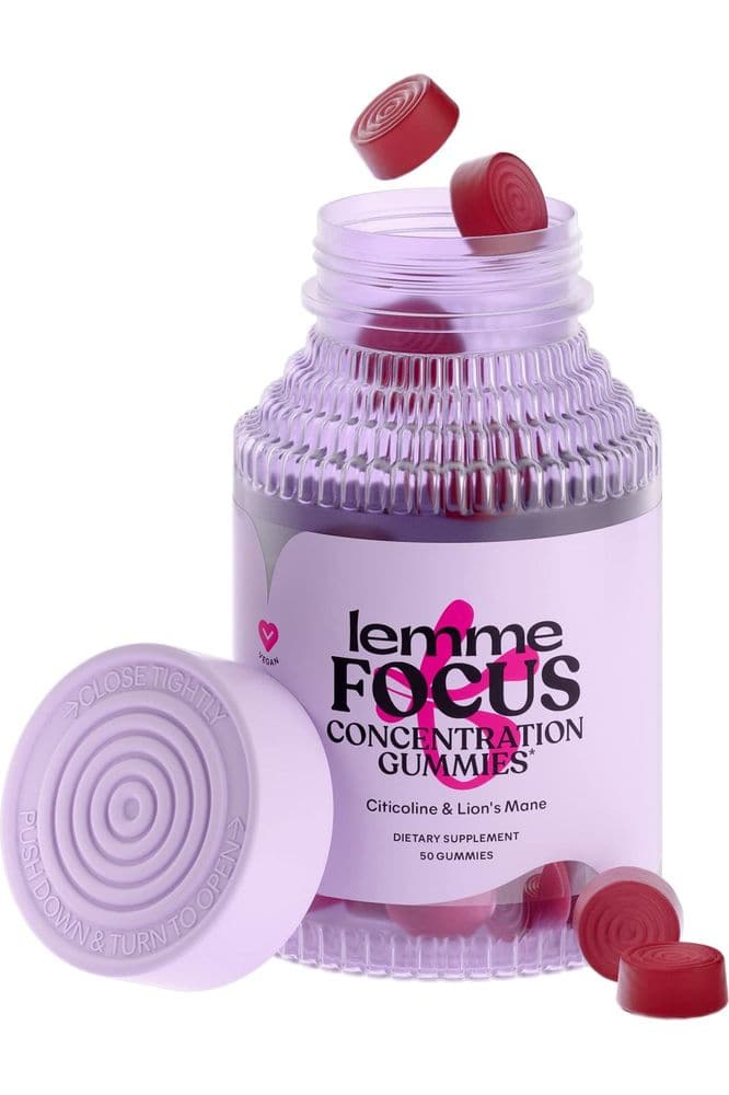 Lemme Focus Concentration &amp; Brain Health Gummies with Cognizin Citicoline, Lion&#39;s Mane Mushroom, Vitamin B12 to Support Focus + Concentration - Vegan, Gluten Free, Caffeine Free, Strawberry (50 Count)