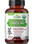 Zazzee USDA Organic Red Korean Panax Ginseng 20:1 Extract - 120 Vegan Capsules