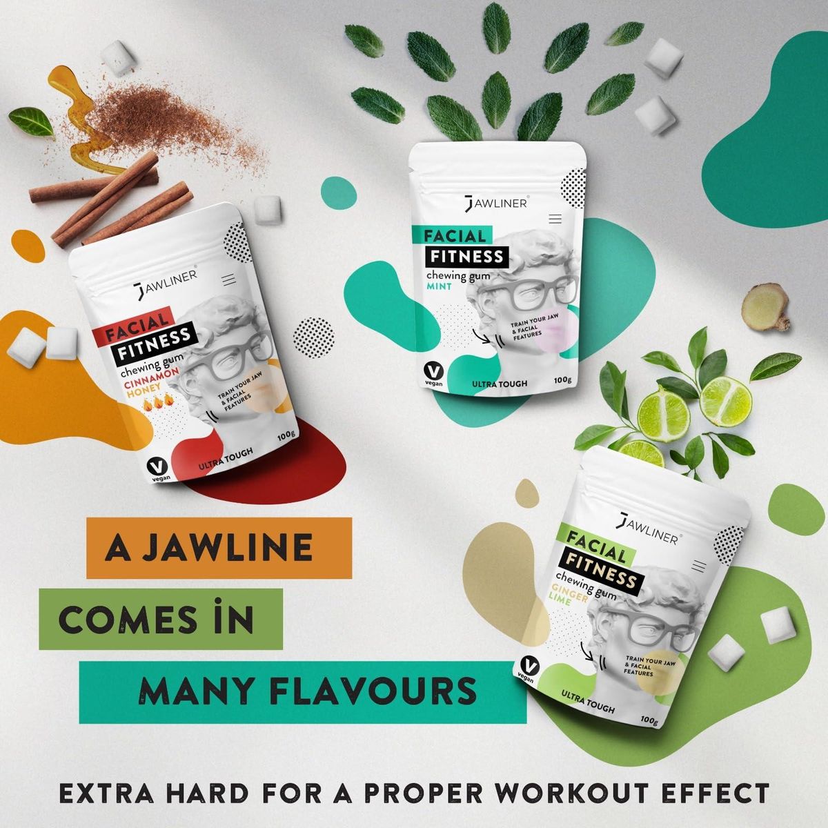 JAWLINER Fitness Chewing Gum (2 months pack) Jawline Sugar Free Mint Gum - - Jawline Exerciser For Mewing And Shapen The Jaw - 15x Harder Than Regular Gum