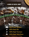 Jerkycoms Classic Exotic Jerky Variety Sampler Pack  Jerky Variety Pack with 4 Types of Jerky  Buffalo Wild Boar Venison Jerky and Elk Jerky  Exotic snacks Highprotein AllNatural Keto Diet No Added Preservatives 4 oz