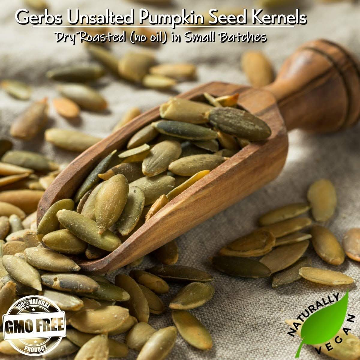 GERBS Unsalted Pumpkin Seed Kernels 2 LBSTop 14 Allergy Free Food Use in salads yogurt bake oatmeal trail mixGrown in Canada packed in US