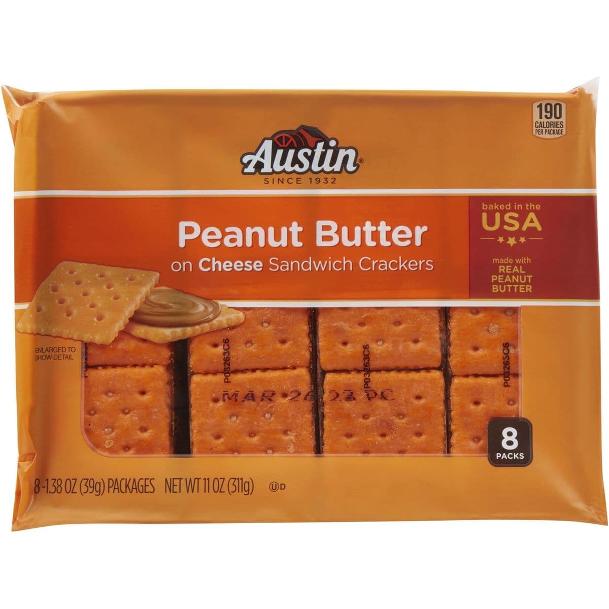 Austin Sandwich Crackers Single Serve Snack Crackers Office and Kids Snacks Peanut Butter on Cheese 12 Trays 96 Packs