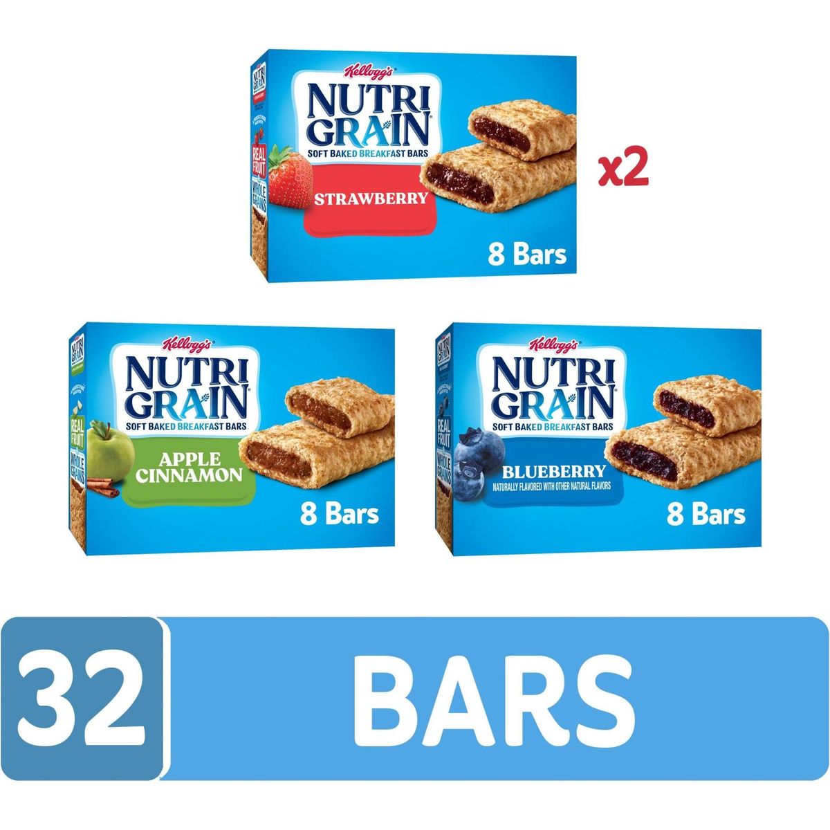 Nutri-Grain Soft Baked Breakfast Bars, Kids Snacks, Whole Grain, Variety Pack (4 Boxes, 32 Bars)