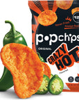 Popchips Potato Chips, Crazy Hot, 4ct 5.0oz Share Bags, Low-Calorie, Kosher and Gluten Free, Salty Snacks for Adults and Children, Never Fried, Only 4g of Fat & 120 Calories Per Serving