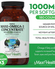 Maxi Health Omega 3 Supplement with Vitamin D3 1000 IU - Omega-3 Fish Oil Concentrate from Wild Caught Tuna - Kosher - Heart & Joint Health - High Potency Source of EPA / DHA Fatty Acids - 180 Vegetarian Softgels