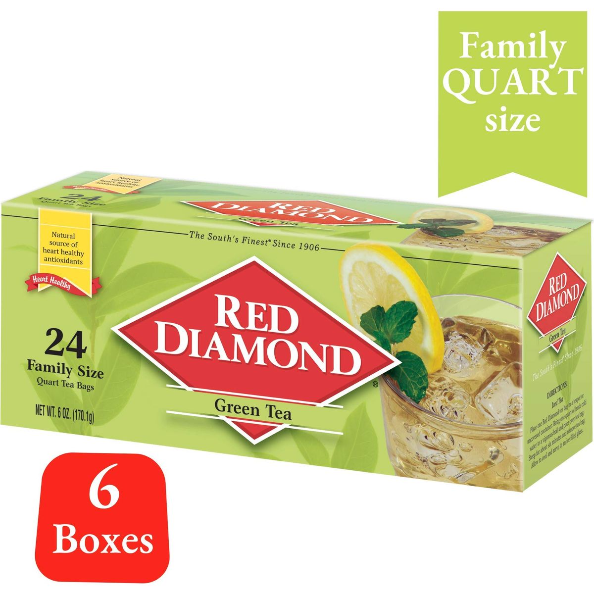 Red Diamond Green Tea Bags Family Size Tea Bags Delicious and Freshly Brewed Taste Heart Healthy Antioxidants 24 Count QuartSize Bags 6 Pack  144 Count