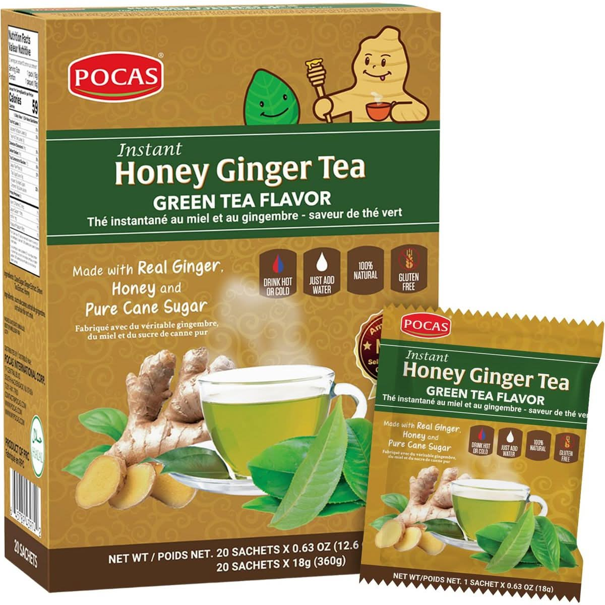 Pocas Honey Ginger Tea  Instant Tea Powder Packets with Green Tea Extract  Ginger Honey Crystals Tea NonGMOGluten FreeCaffeine Free Tea 20 Count