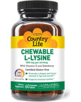 Country Life Chewable L-Lysine 600mg - 60 Tabs - Supports Immune Health - Supports Natural Collagen Production - Vitamin D - Elderberry - Great Taste