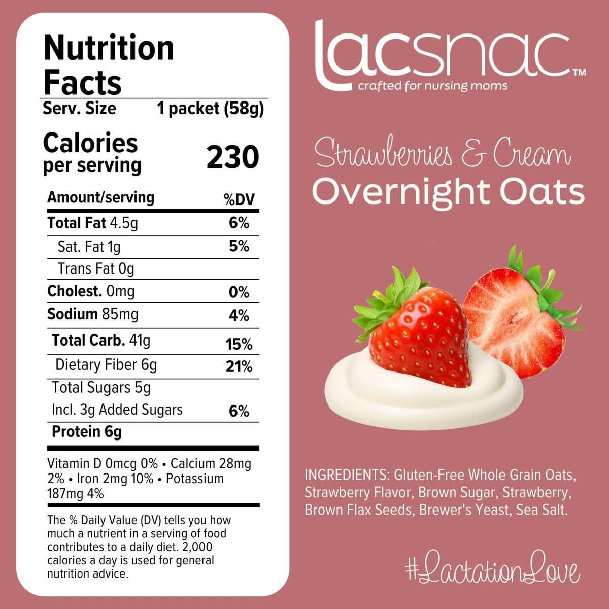 Lacsnac Strawberries and Cream Lactation Overnight Oats 1224 oz Pack of 6  Lactation Supplement for Nursing Moms made with Whole Grain Oats Flax Seeds and Brewers Yeast Promotes Lactation  Healthy Breast Milk Supply GMOfree Vegan Glutenfree