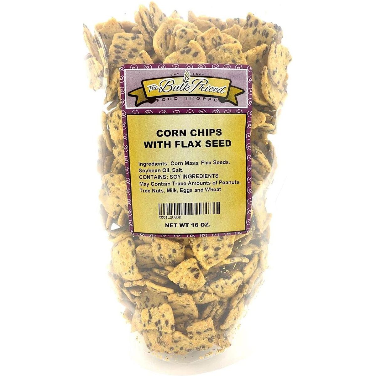 Corn Chips with Flax Seed, Healthy Snacks, Bulk Size (1 lb. Resealable Zip Lock Stand Up Bag)