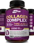 NutriFlair Multi Collagen Peptides 2250mg, 180 Capsules - Type I, II, III, V, X - Collagen Supplements Complex Powder Pills for Women and Men - Hydrolyzed Protein, Healthy Hair, Skin, Nails - Non-GMO